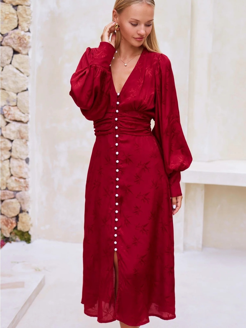 Red Midi Dress with Pearl Buttons